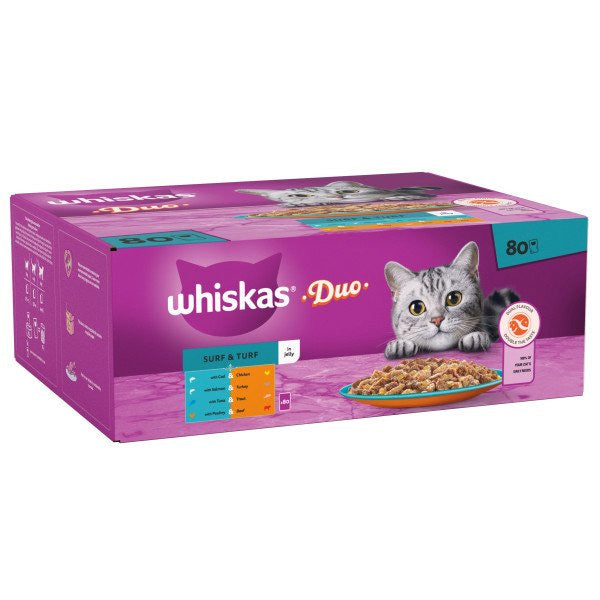 Whiskas 1+ Duo Surf and Turf Adult Wet Cat Food Pouches in Jelly 80 Pack 85g