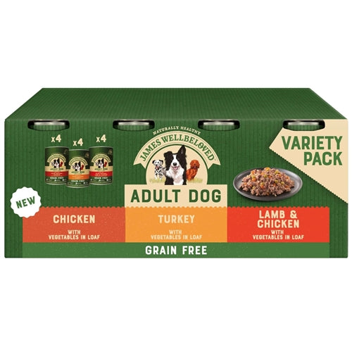 James Wellbeloved Grain Free Adult Wet Dog Food Tins Turkey, Lamb & Chicken in Loaf 12 Pack 400g