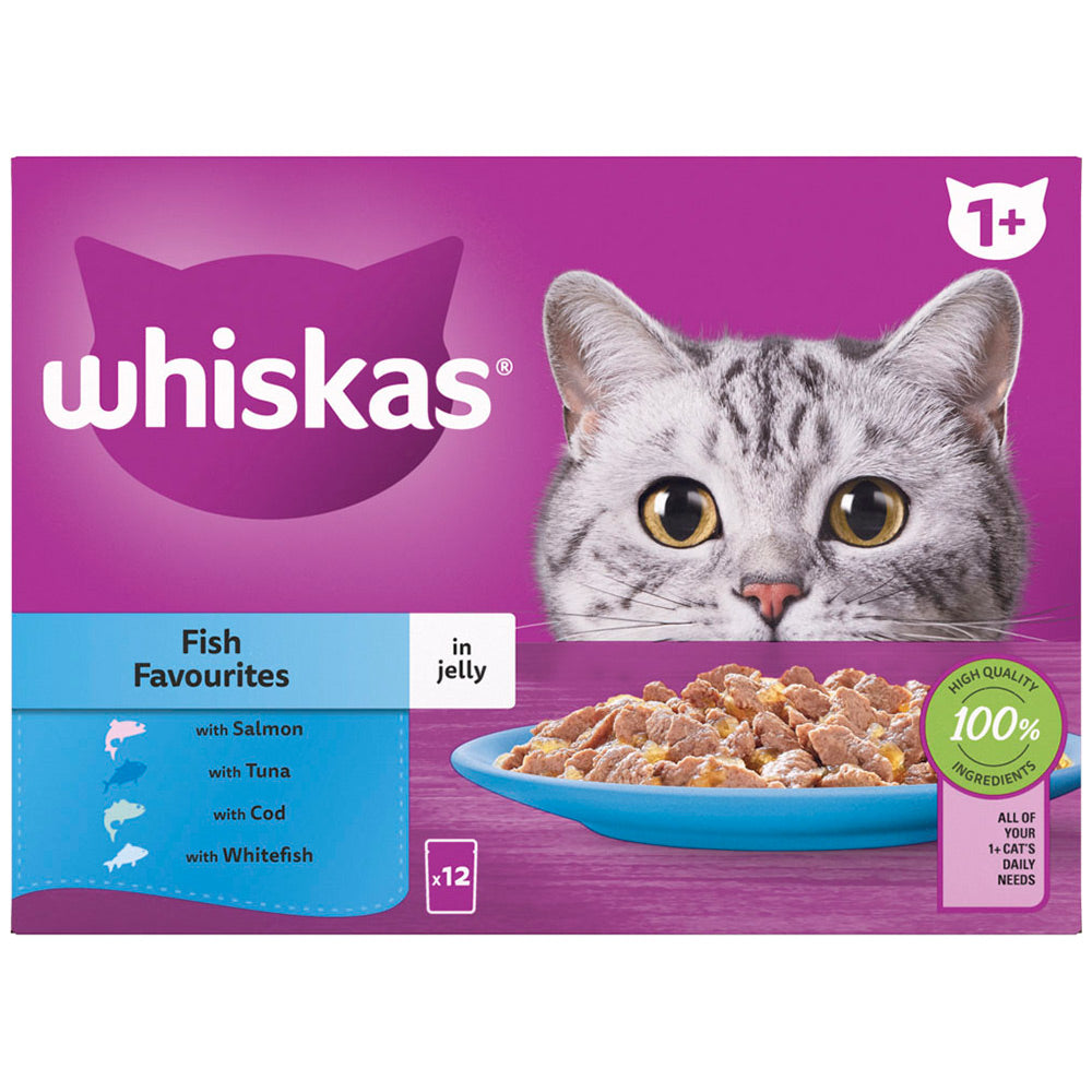 Whiskas 1+ Fish Favourites Adult Wet Cat Food Pouches in Jelly 12pk